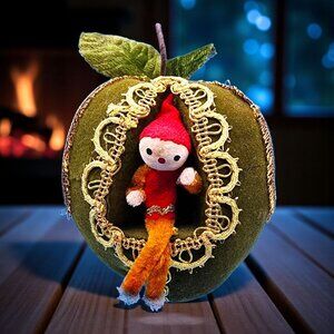 Vintage 1960s Spun Cotton Chenille Elf in Flocked Green Apple Ornament Japan